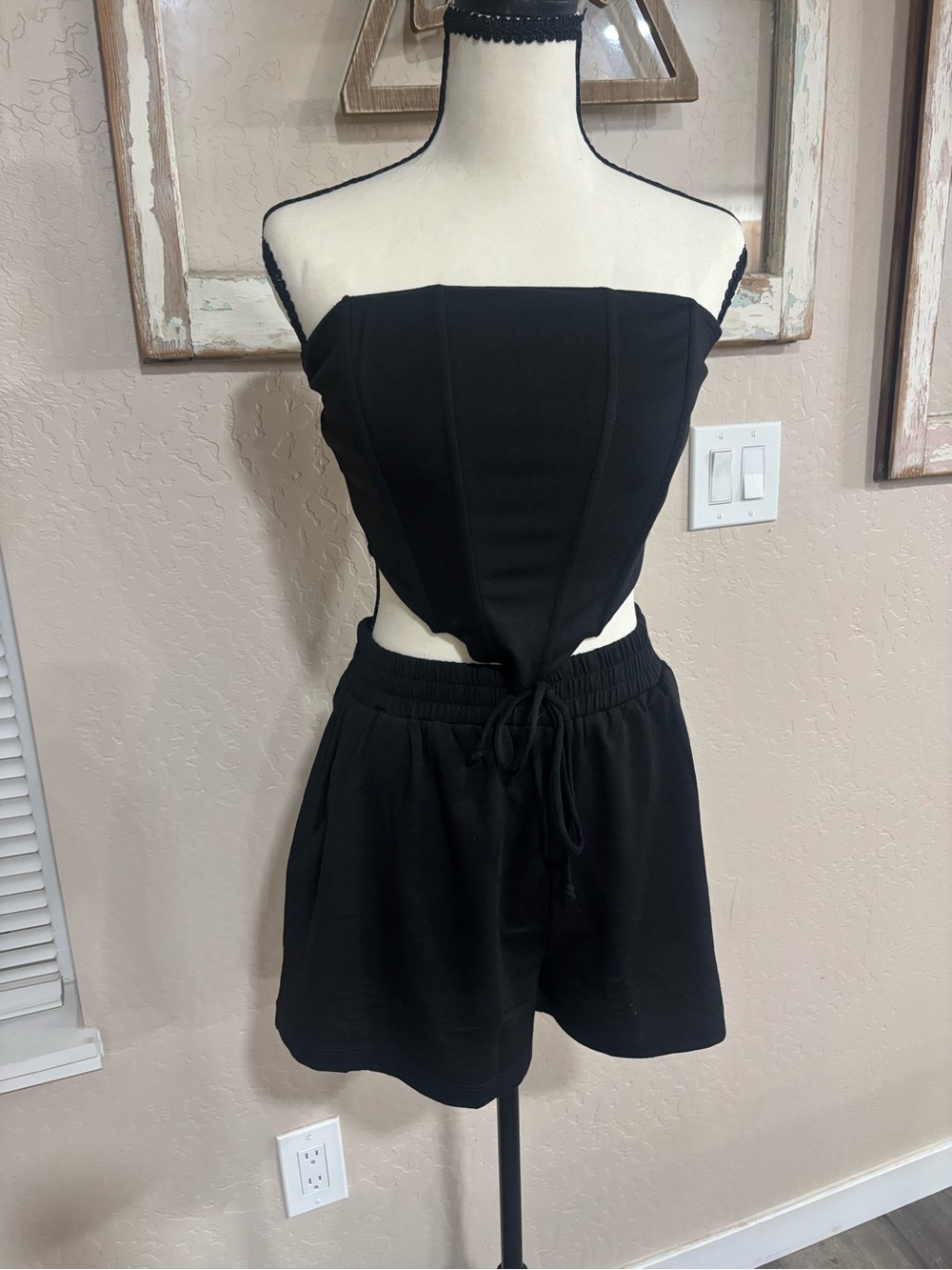 Black Strapless Corset Top with zipper and Drawstring Shorts Set